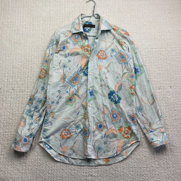 Etro Men's Powder Blue Japanese Style Floral Tropical AOP Button-Up Shirt Sz 38 - Picture 1 of 13